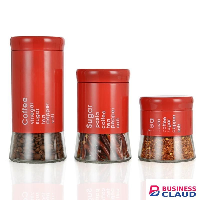 3-Piece Kitchen Storage Container Set – Stylish Red Airtight Food Canisters for Coffee Sugar Tea Spices Snacks Cereal Storage, Clear View Bottom, Durable Easy-Clean Kitchen Organizer