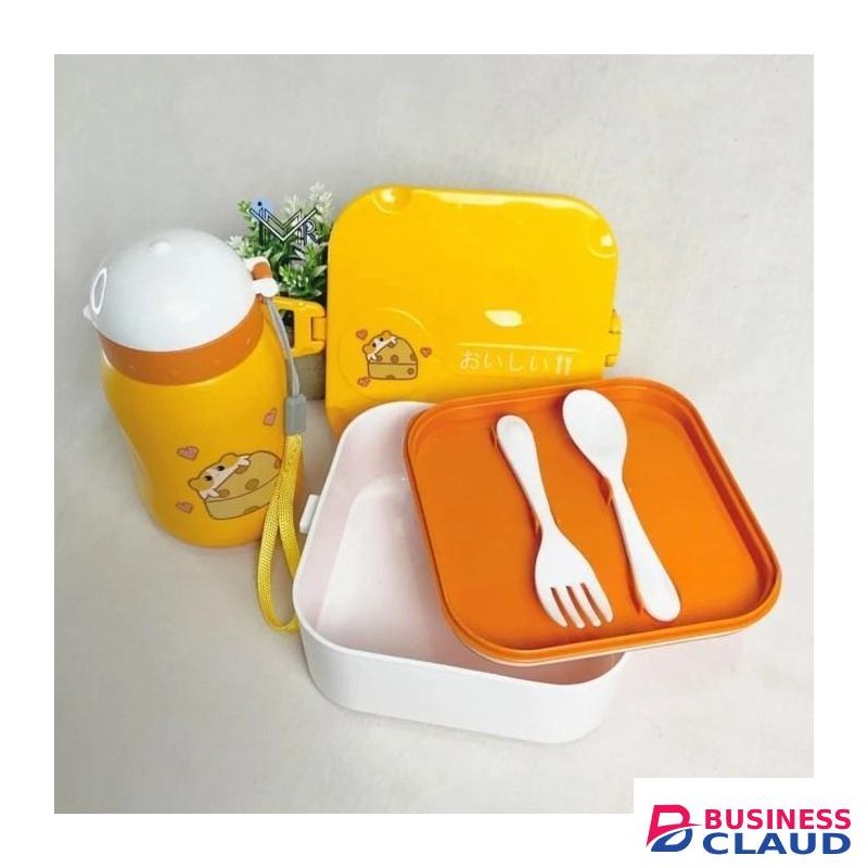 2-In-1 Kids School Lunch Box And Drinking Bottle Set With Spoon And Fork For Picnic And Travel, Portable BPA Free Food Container And Hydration Bottle Combo With Cartoon Character Design