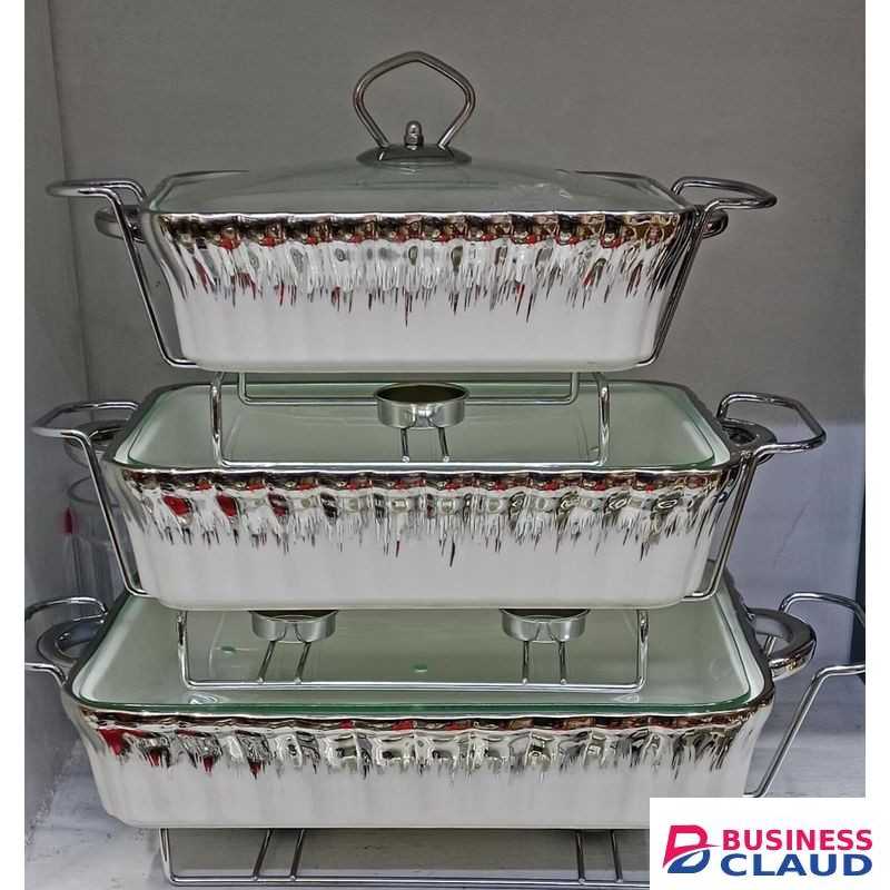 3Pcs Ceramic Breakable Serving Food Warmers With Glass Lids