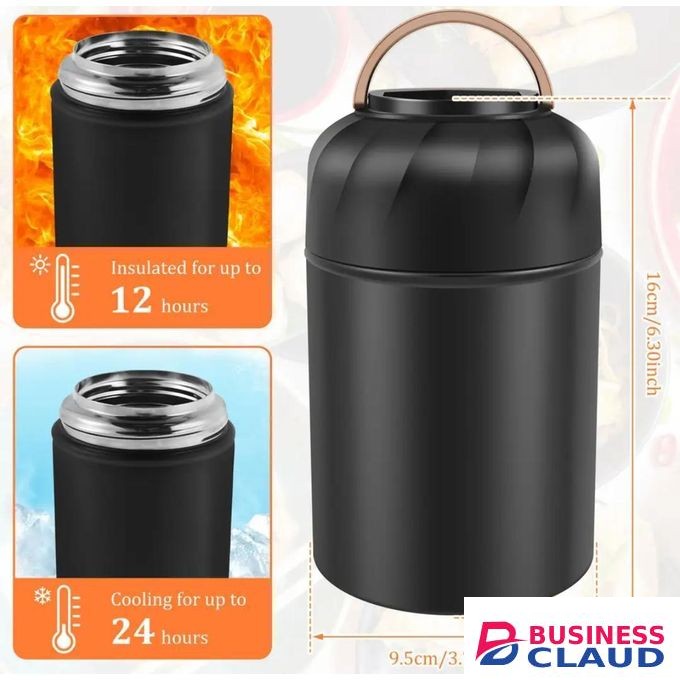 FOOD FLASK-INSULATED VACUUM THERMOS + SPOON- 1050ML -BLACK