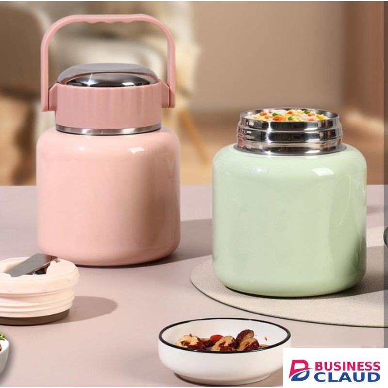 VACUUM INSULATED THERMAL HOT FOOD FLASK WITH FOLDING SPOON - GREEN