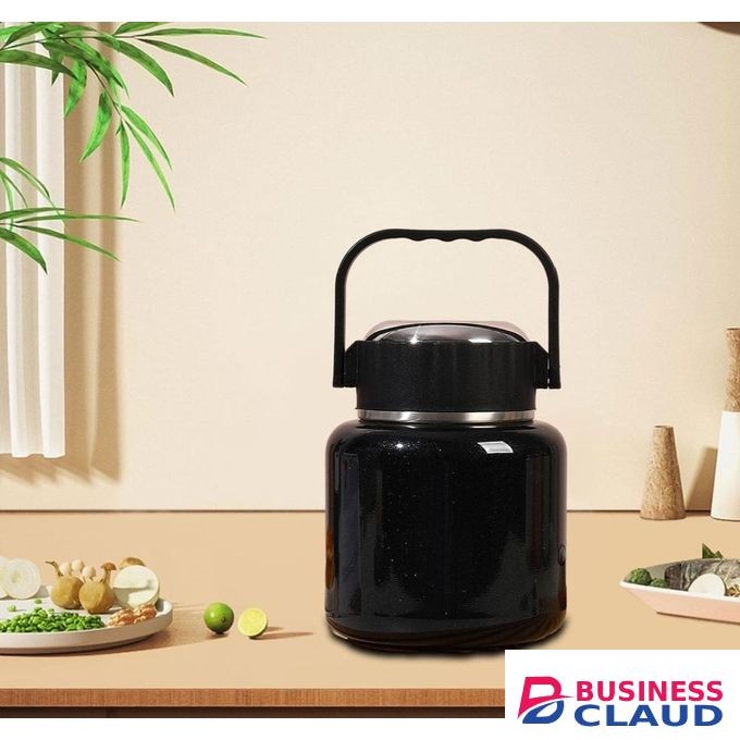 VACUUM INSULATED THERMAL HOT FOOD FLASK WITH FOLDING SPOON - BLACK