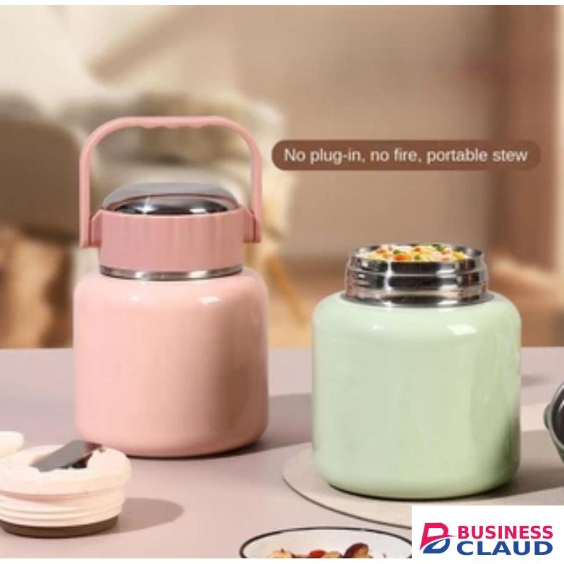 VACUUM INSULATED THERMAL HOT FOOD FLASK WITH FOLDING SPOON - PINK