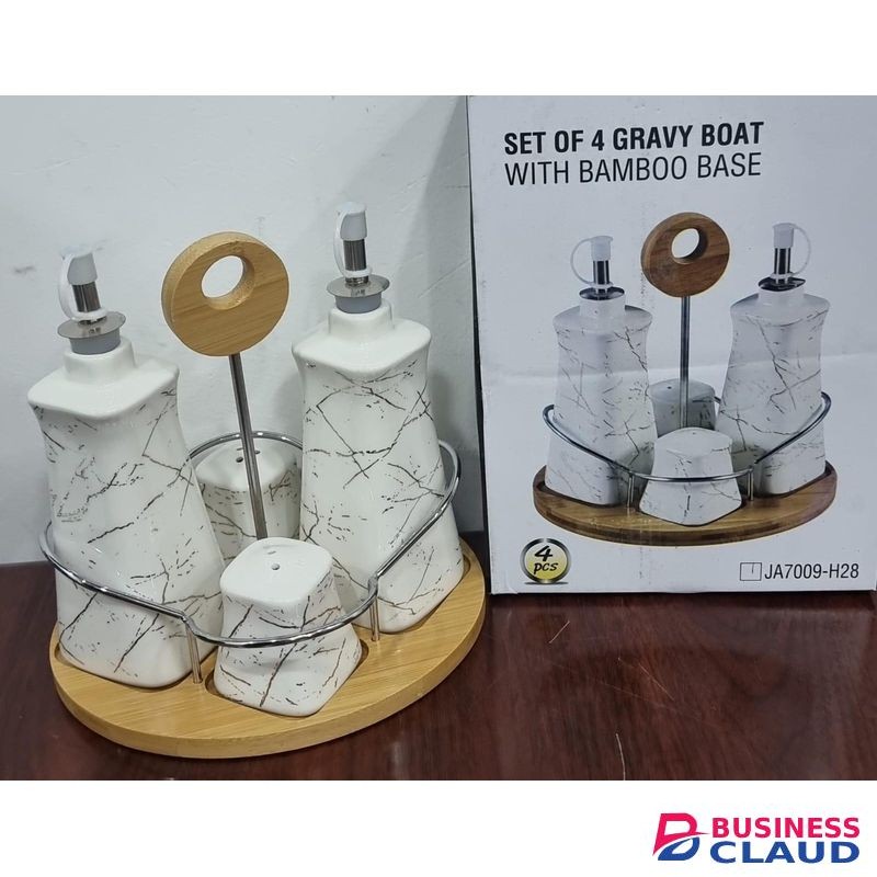 4-Piece Ceramic Gravy Boat, Oil Dispenser & Shakers Set on Bamboo Base – White