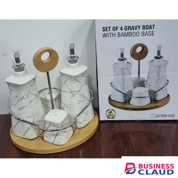4-Piece Ceramic Gravy Boat, Oil Dispenser & Shakers Set on Bamboo Base – White