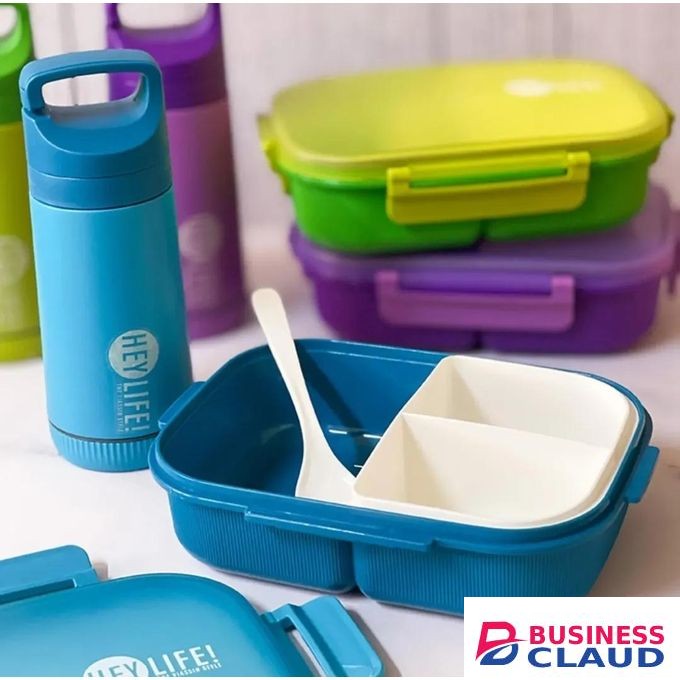 3 Compartments Lunch Box + Drinking Water Bottle & Spoon / Snack Box & Water Bottle