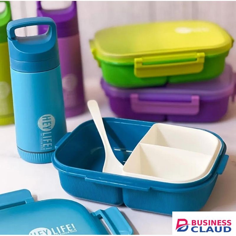 3 Compartments Lunch Box + Drinking Water Bottle & Spoon / Snack Box & Water Bottle