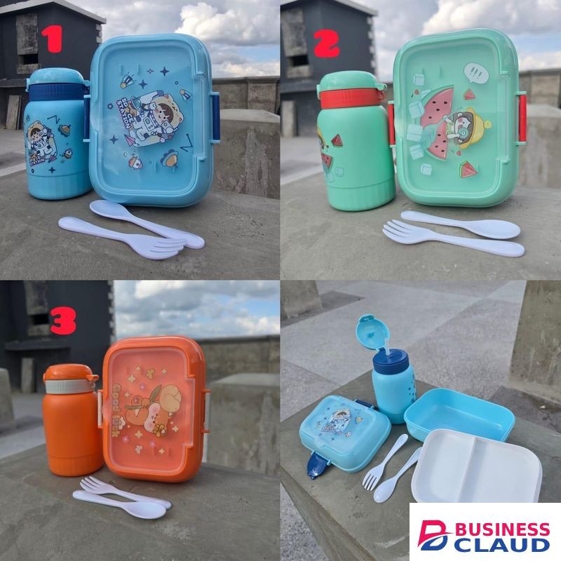 Rectangular Cartoon Themed Kids Lunch Pack – Dish, Water Bottle & Cutlery Set