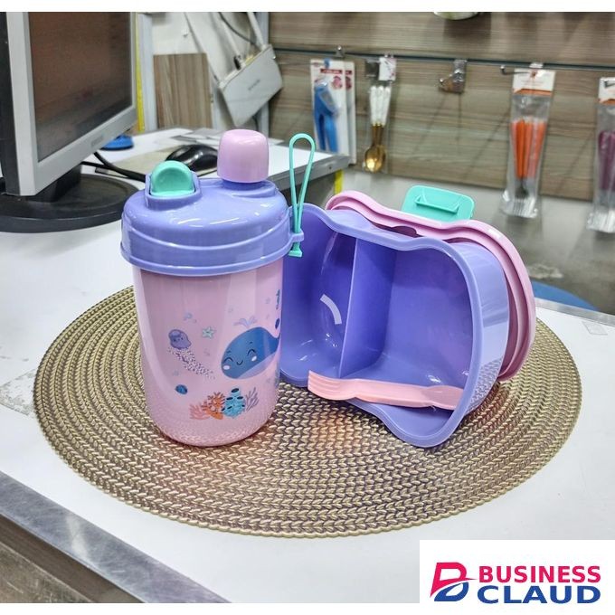 1 SET PARTITIONED KIDS SNACK / LUNCH BOX & DRINK WATER BOTTLE WITH FORK / SPOON
