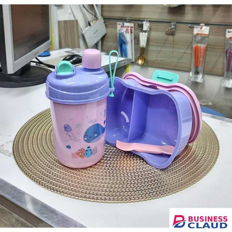1 SET PARTITIONED KIDS SNACK / LUNCH BOX & DRINK WATER BOTTLE WITH FORK / SPOON