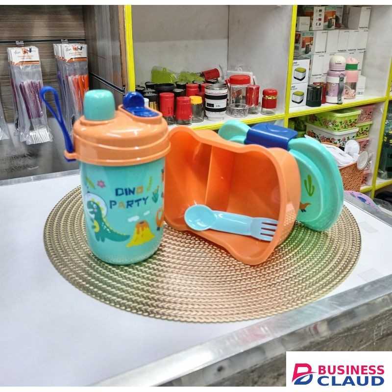 Kids 2 Way Partitioned Lunch Box / Snack Box & Drinking Water Bottle & Fork/Spoon