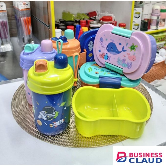SET OF 1 KIDS PARTITIONED SNACK / LUNCH BOX + 1 WATER BOTTLE + FORK/SPOON
