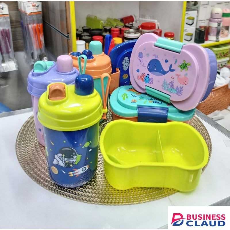 SET OF 1 KIDS PARTITIONED SNACK / LUNCH BOX + 1 WATER BOTTLE + FORK/SPOON