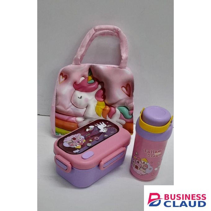 Decorative Kids Set with Insulated Bag Blue Pink Green – Water Bottle Snack Dish Lunch Bag for School and Travel