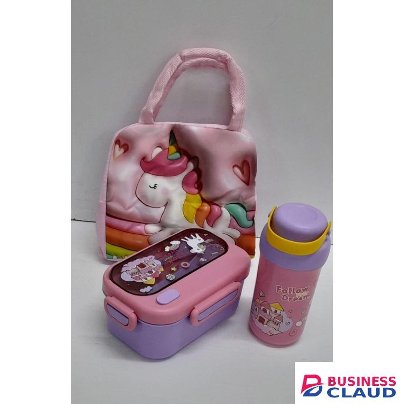 Decorative Kids Set with Insulated Bag Blue Pink Green – Water Bottle Snack Dish Lunch Bag for School and Travel