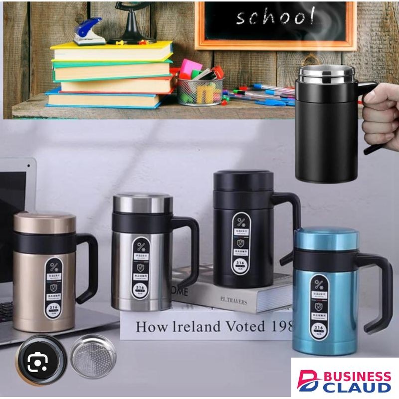 500ml Double Walled Stainless Steel Insulated Mug with Handle - Pro Coffee & Tea Vacuum Cup - Hot & Cold Travel Flask for Office & Home