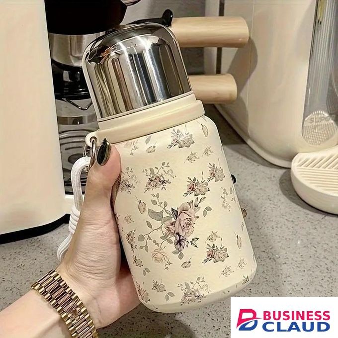 600ML Peony Flower Water Bottle, Leak-proof and Drop-proof Thermos Cup with Carrying Rope, Made of BPA-Free 316 Stainless Steel, Can Keep Drinks Hot or Cold for a Long Time