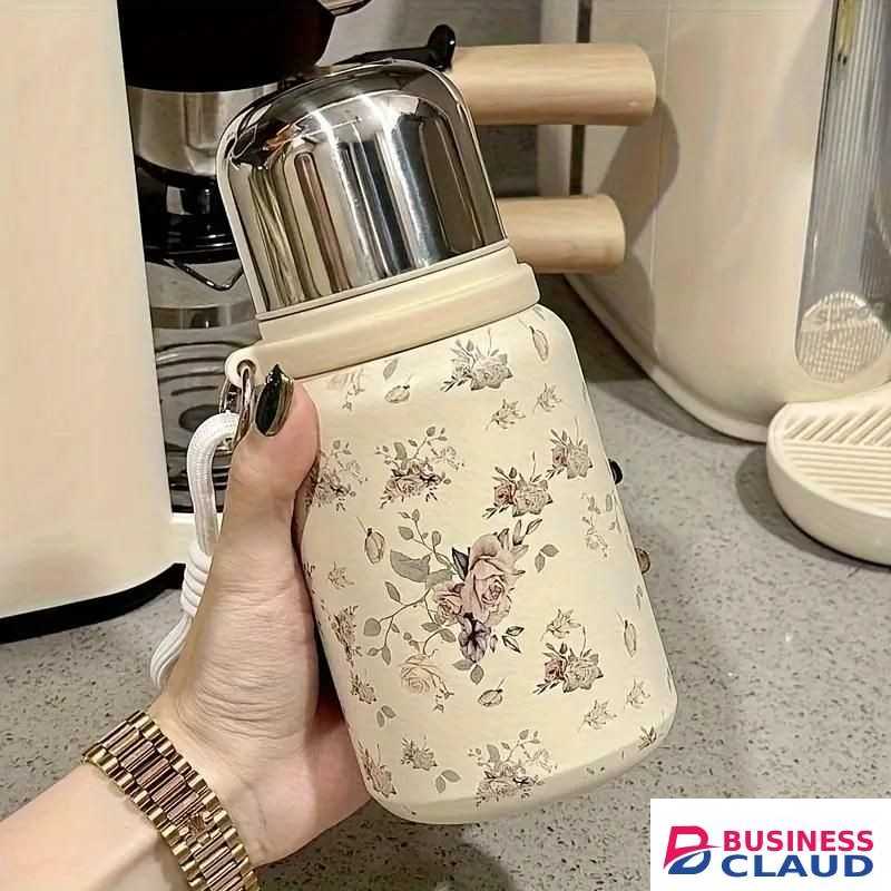 600ML Peony Flower Water Bottle, Leak-proof and Drop-proof Thermos Cup with Carrying Rope, Made of BPA-Free 316 Stainless Steel, Can Keep Drinks Hot or Cold for a Long Time