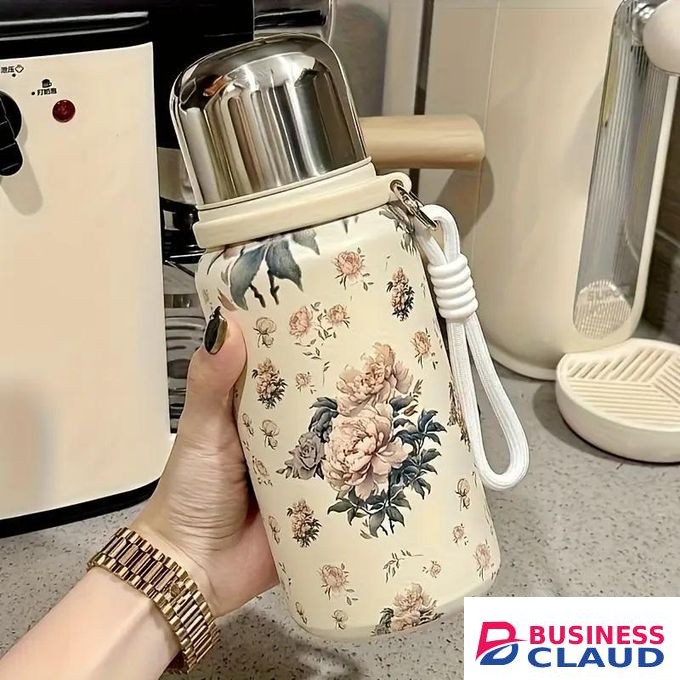 600ML Peony Flower Water Bottle, Leak-proof and Drop-proof Thermos Cup with Carrying Rope, Made of BPA-Free 316 Stainless Steel, Can Keep Drinks Hot or Cold for a Long Time