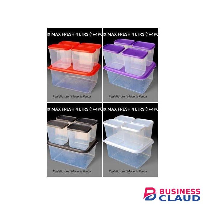 Adix Max Fresh 5pcs Container Set 1 Large 4L and 4 Small 0.6L Airtight Food Storage Containers for Kitchen Organization, Meal Prep, Pantry Storage, Clear Durable Plastic, Space-Saving Design