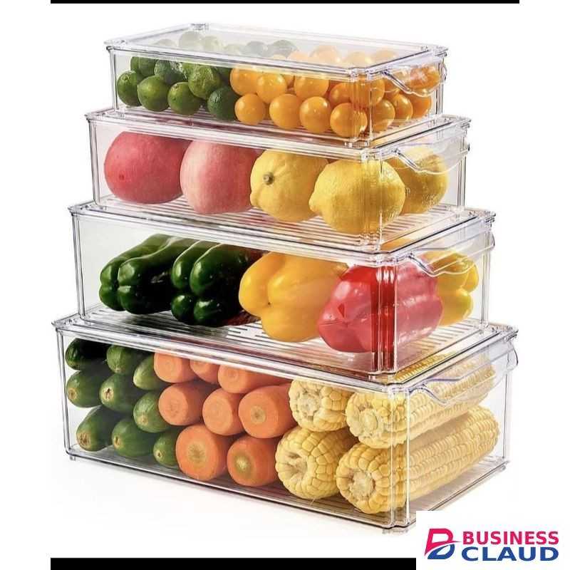 4 Pcs Large Capacity Acrylic Fridge Organizer Bins with Lids 1.6L,2.8L,4.4L,6.6L