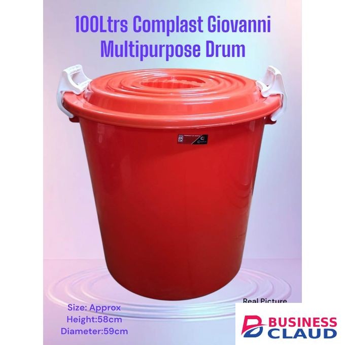 Complast 1pc Giovanni Multipurpose Drum – 100 Litres ideal for storing water, grains, animal feed, or other bulk items. Its large 100-litre capacity makes it suitable for both domestic and commercial use, while the sturdy design ensures long-lasting perfo