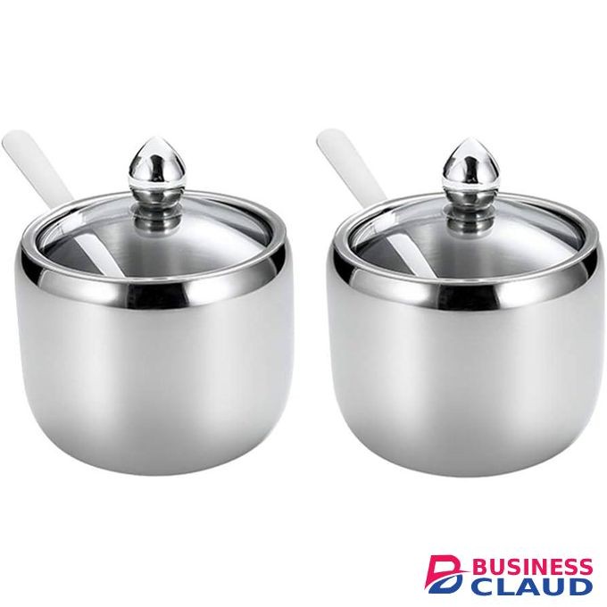 2 Pack Sugar Bowl With Lid And Spoon, Salt Container Stainless Steel Sugar Pot Drum Shape Small Condiment Container Sugar Containers Seasoning Jar For Home And Kitchen