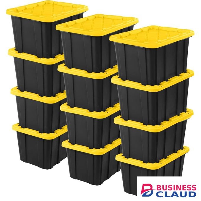 USA Sterilite 12-Pack Industrial Tote, Plastic Storage Container Bins with Lids, 27 Gallon - Heavy-Duty Organizing Containers for Closet, Bathroom, and Office