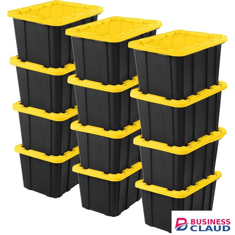 USA Sterilite 12-Pack Industrial Tote, Plastic Storage Container Bins with Lids, 27 Gallon - Heavy-Duty Organizing Containers for Closet, Bathroom, and Office