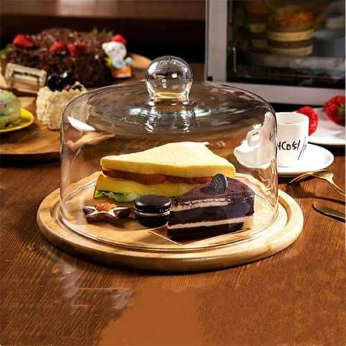 Glass Cake Dome and Bamboo Tray