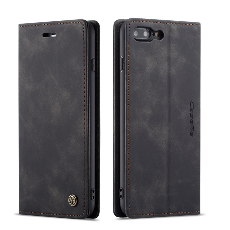 iPhone 8 Plus Wallet Retro Black Suede Leather Flip Case