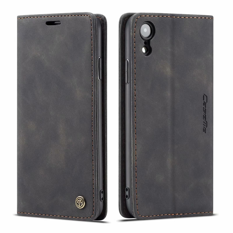 iPhone XR Wallet Retro Black Suede Leather Flip Case