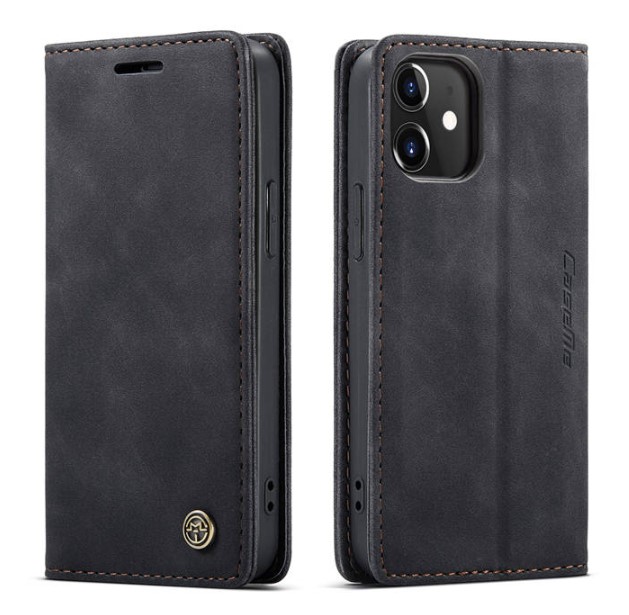 iPhone 12 Wallet Retro Black Suede Leather Flip Case