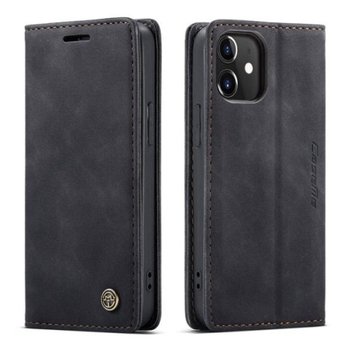 iPhone 12 Wallet Retro Black Suede Leather Flip Case