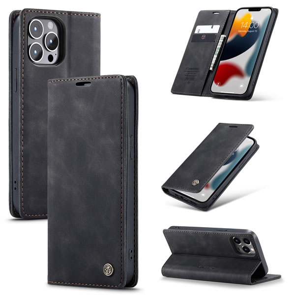 iPhone 13 Pro Max Wallet Retro Black Suede Leather Flip Case