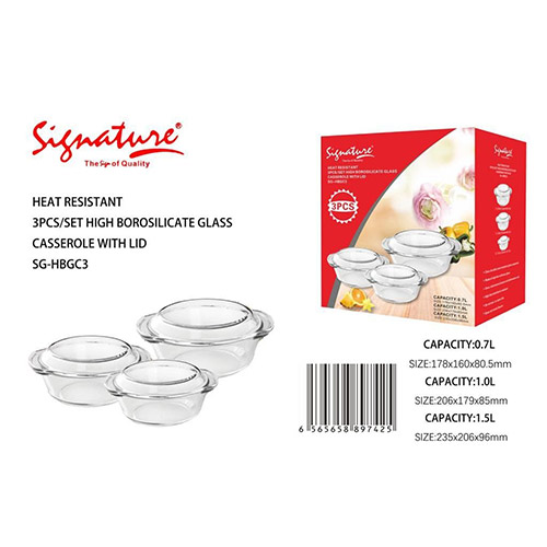 Signature High Borosilicate 3pcs Glass Casserole with Lids - Elegance