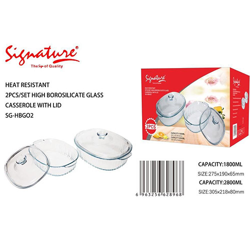 ignature High Borosilicate 2pcs Set Glass Casserole with Lids
