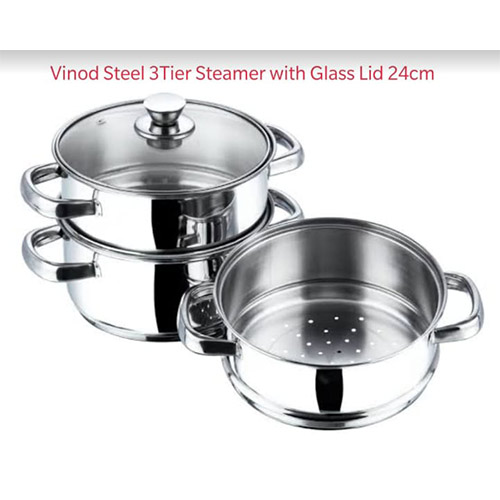 Vinod Stainless Steel 3 tier Steamer Tempered glass lid size 24cm