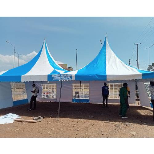 100 Seater Party Tent – High Peak PVC Canopy, Blue and White, 30ft × 15ft