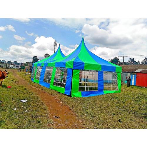 100 Seater PVC Function Tent – Double Peaked Canopy, Green and Blue, 30ft × 15ft