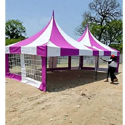 100 Seater Shade Tent – Large High Peak PVC Shelter, White and Purple, 30ft × 15ft