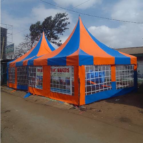 100 Seater Function Tent – PVC High Peak Design, Orange and Blue, 30ft × 15ft