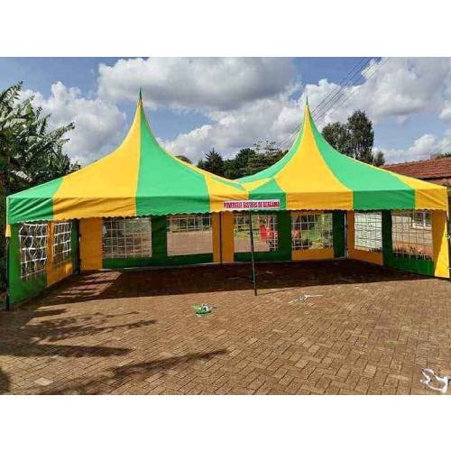 100 Seater Public Gathering Tent – Green and Yellow PVC High Peak Shelter, 30ft × 15ft