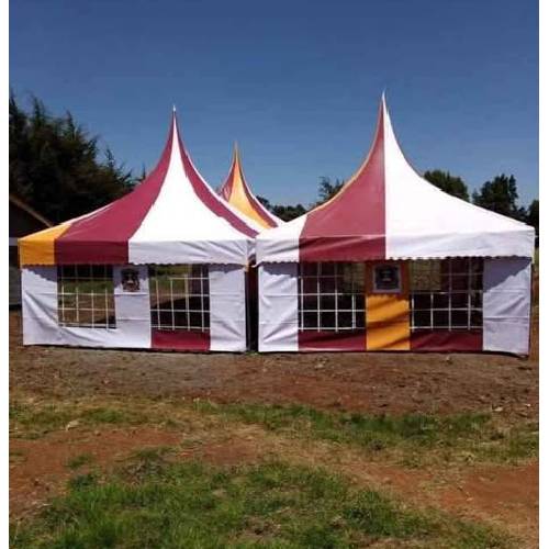 100 Seater Outdoor Ceremony Tent – Pink and white with some yellow PVC High Peak Frame, 30ft × 15ft